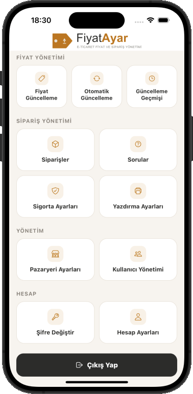 FiyatAyar mobil uygulaması: e-ticaret için kur bazlı fiyat güncelleme ve sipariş yönetimi menüsü